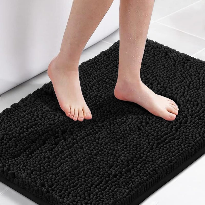 H.VERSAILTEX 20x32 Bath Mat Non-Slip Bathroom Rug Shag Shower Mat Machine-Washable Bath Mats with Water Absorbent Soft Microfibers Chenille Plush Rugs - Black - Image 1